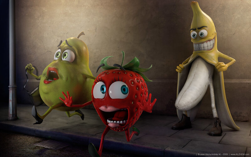 Animated Fruit Characters — Red, Comical, Night