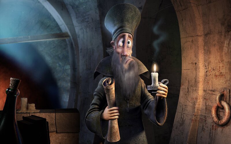 animated monk with candle and scroll