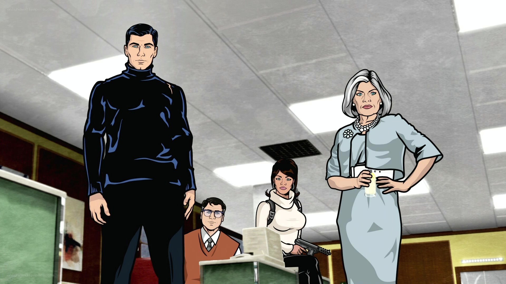 Animated office scene with characters