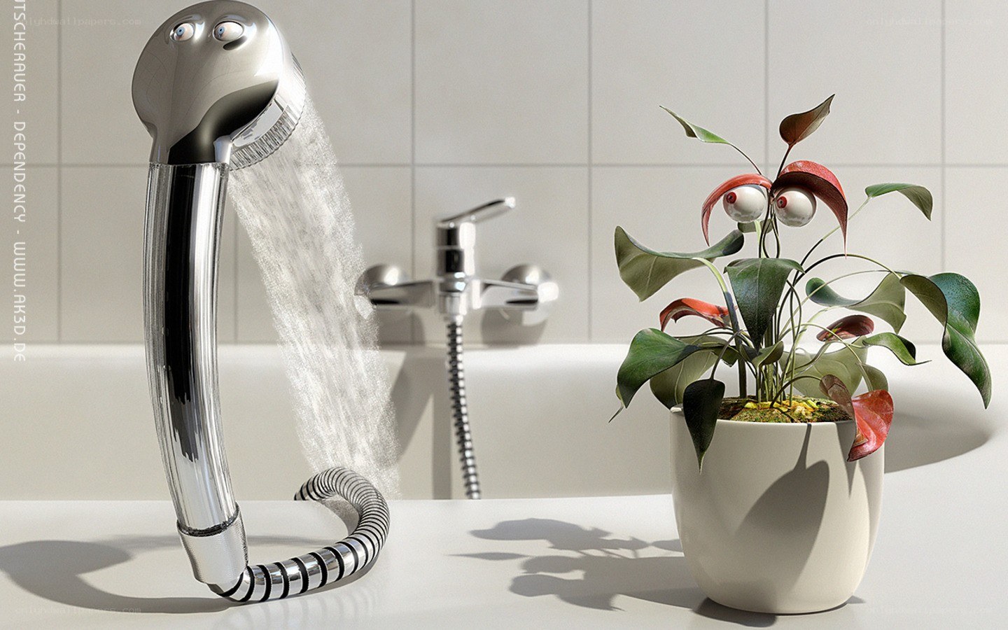 Animated shower head watering plant