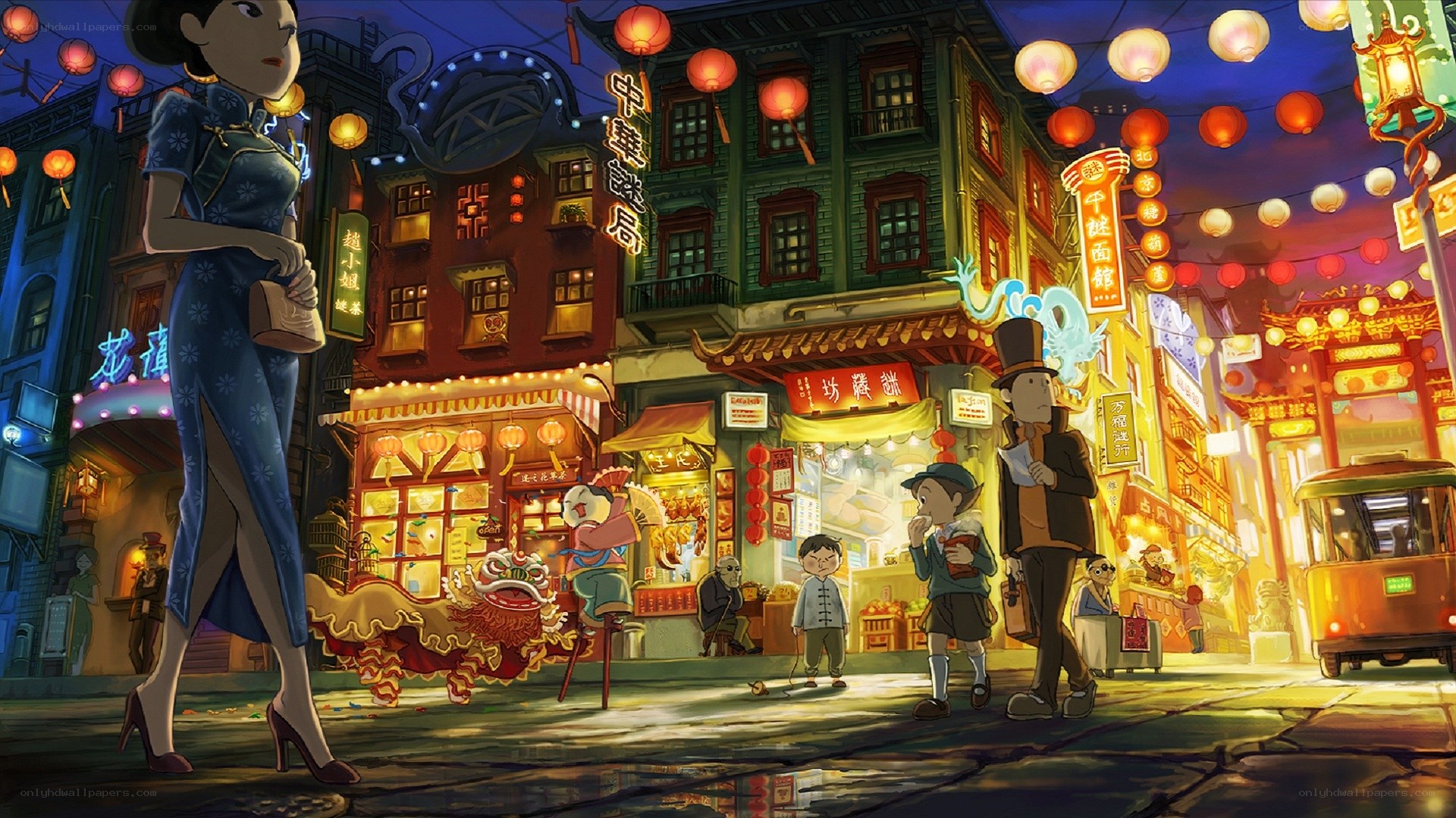 Animated street scene at night