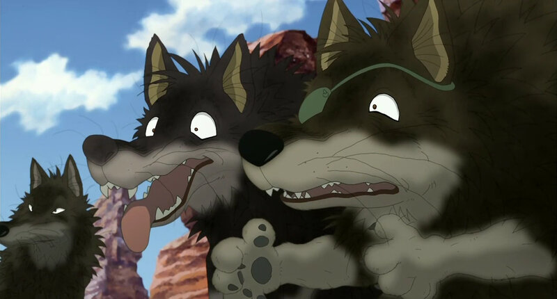 animated wolves in a desert scene