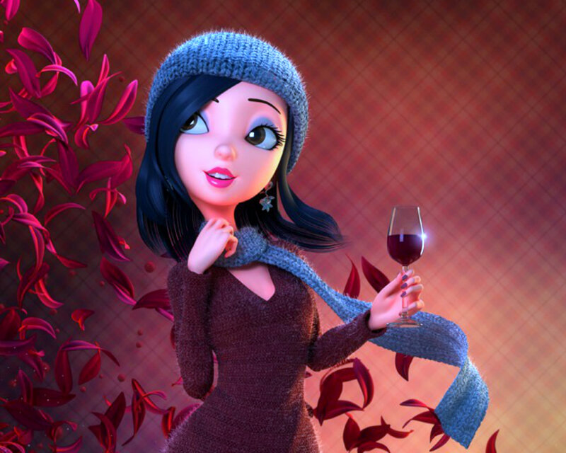 Animated Woman with Wine