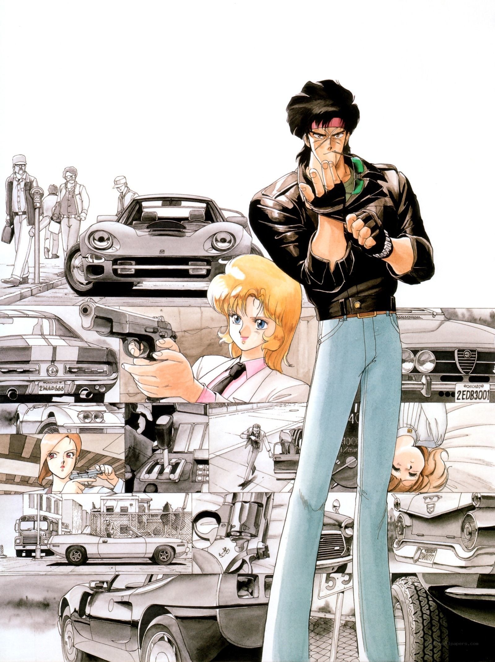 Anime action collage with cars