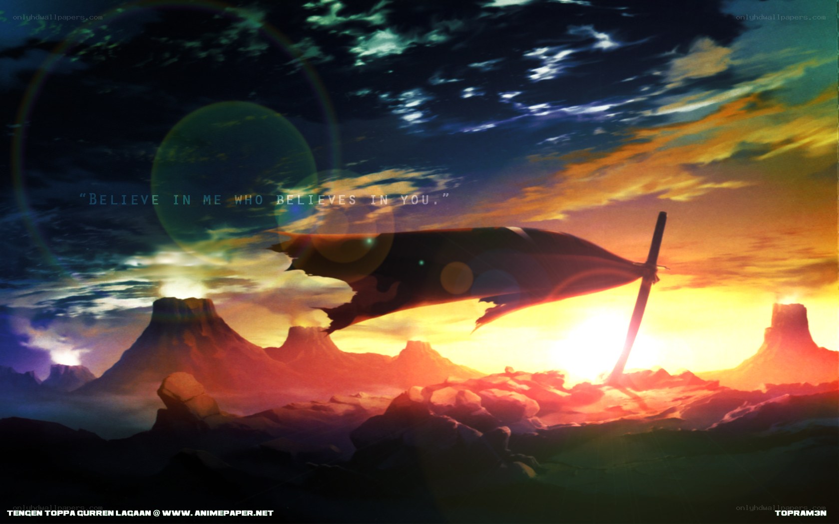 Anime aircraft over alien landscape