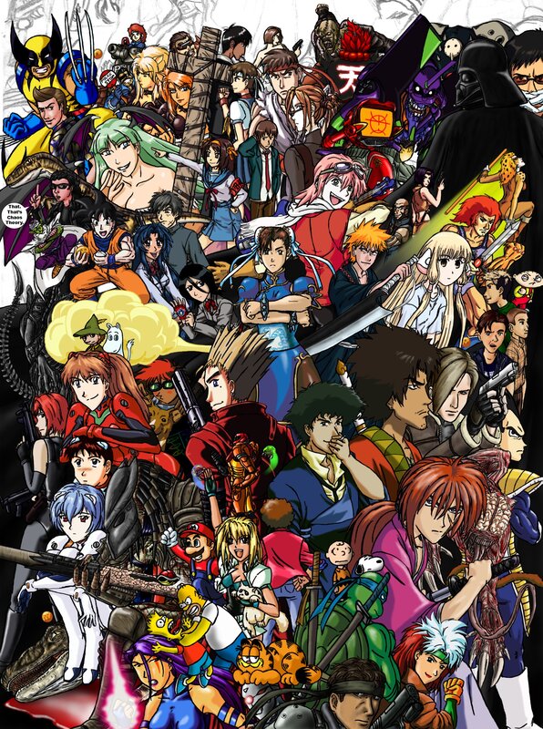 Anime and cartoon character collage