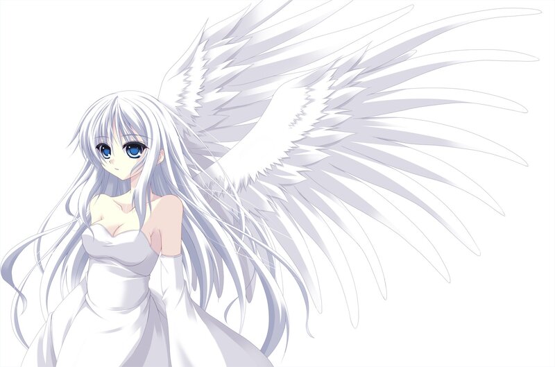 Anime Angel Girl — White, Serene, Wings, Dress, Long Hair