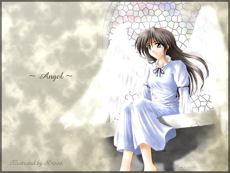 Anime Angel Girl — White, Serene, Wings, Stained Glass