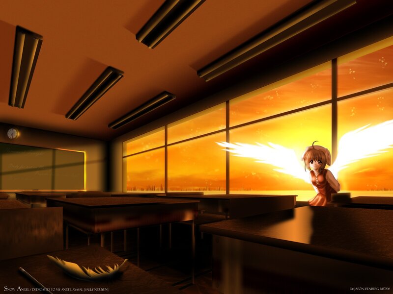 Anime angel in classroom at sunset