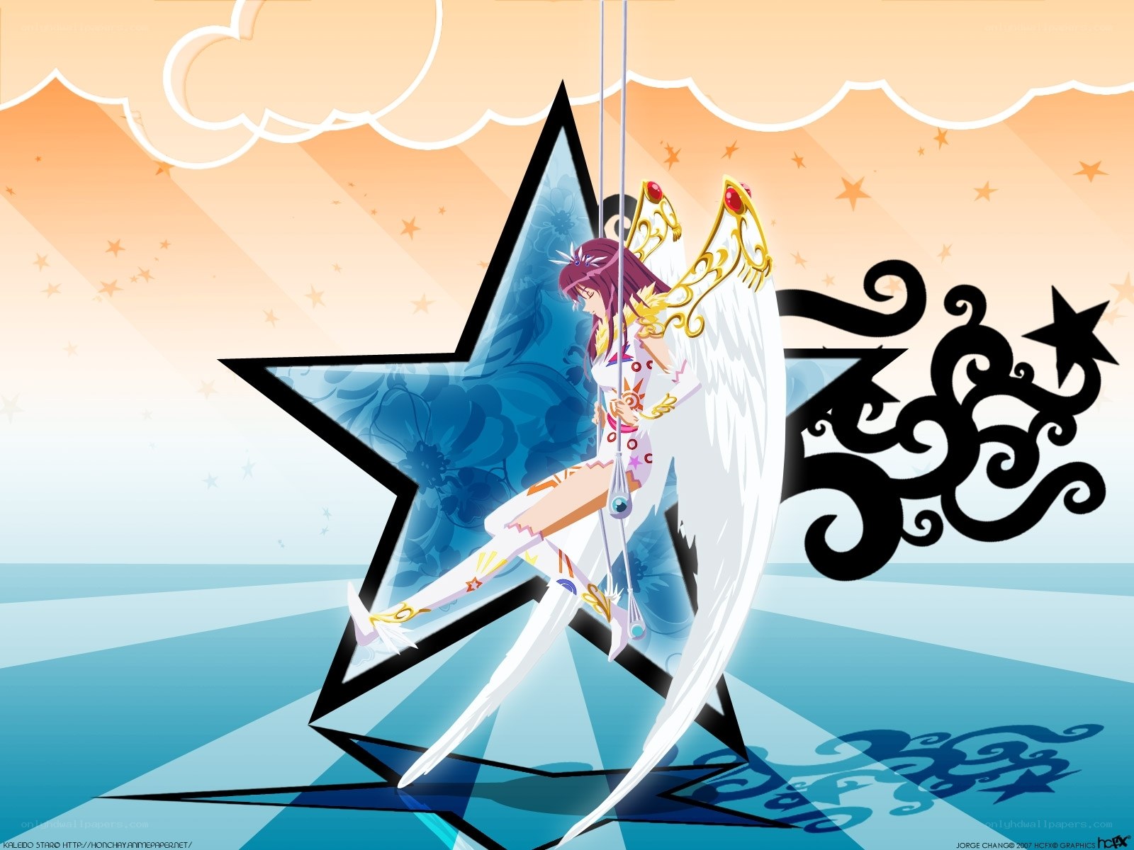 Anime angel on a star swing