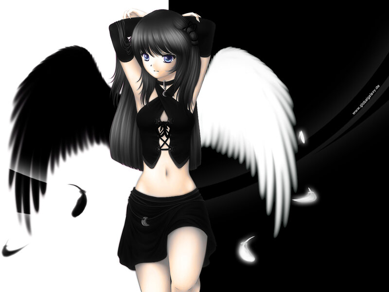 Anime angel with black and white wings