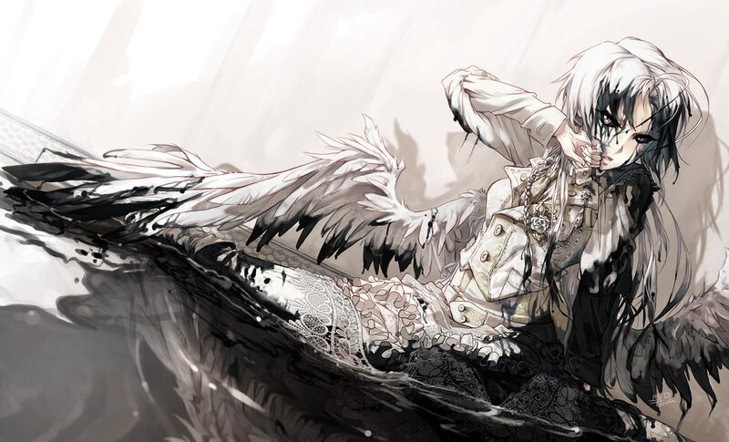 Anime angel with black and white wings