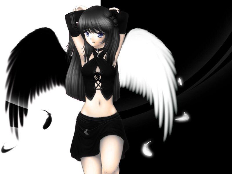 Anime angel with black and white wings