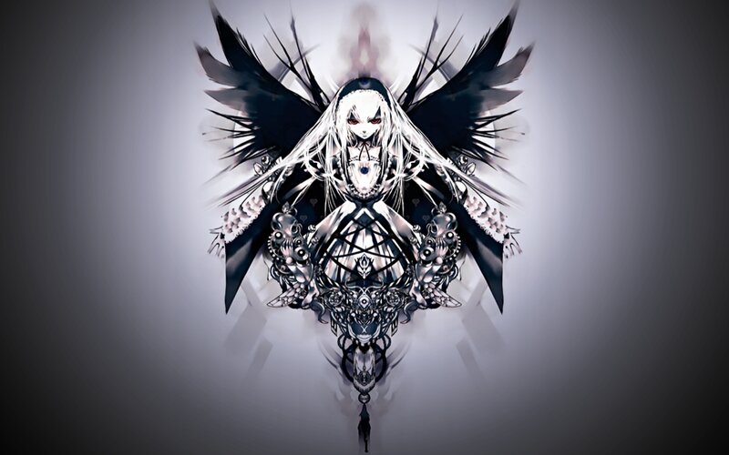 Anime Angel with Black Wings — Dramatic, Digital Art, Long Hair, Mechanical Parts