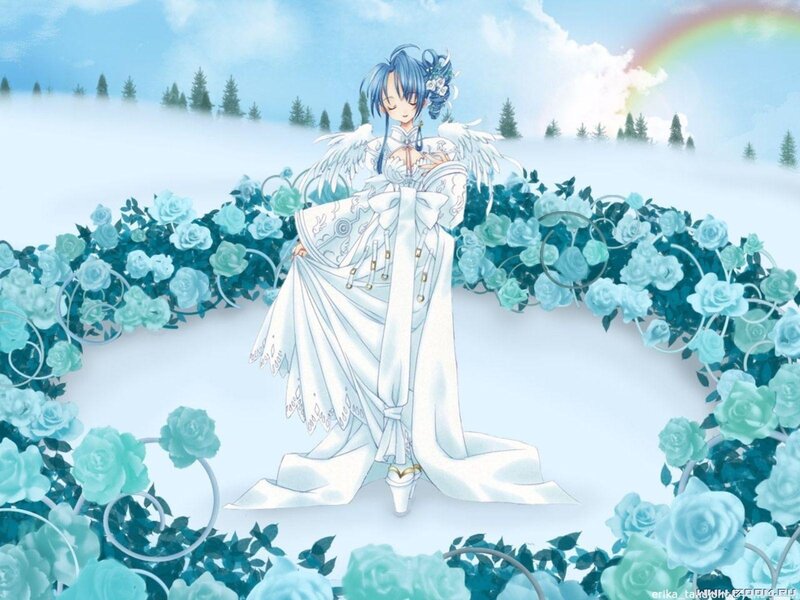 Anime angel with blue roses