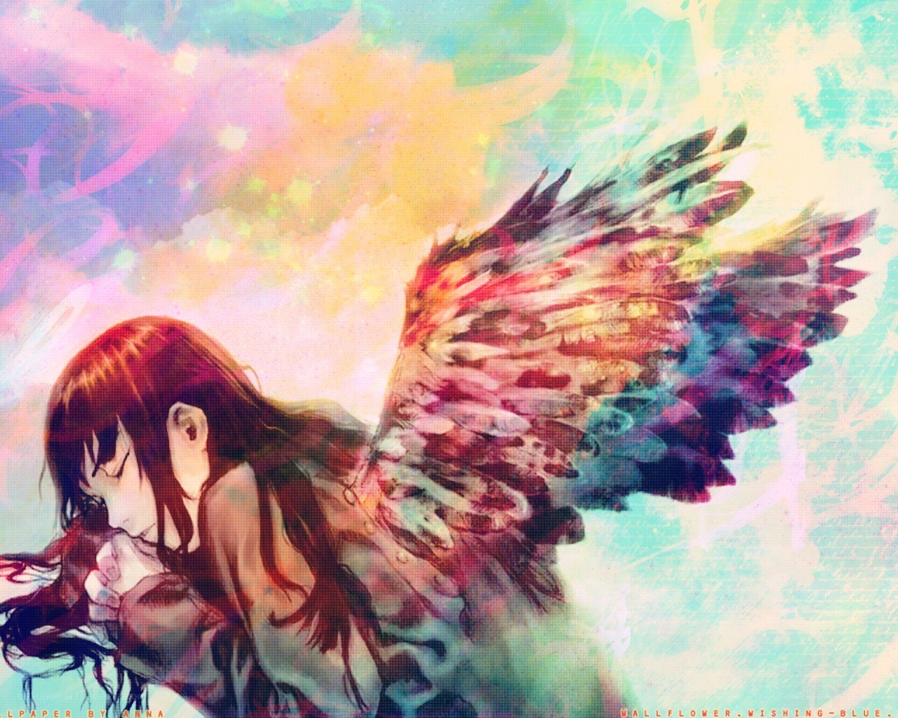 Anime angel with colorful wings