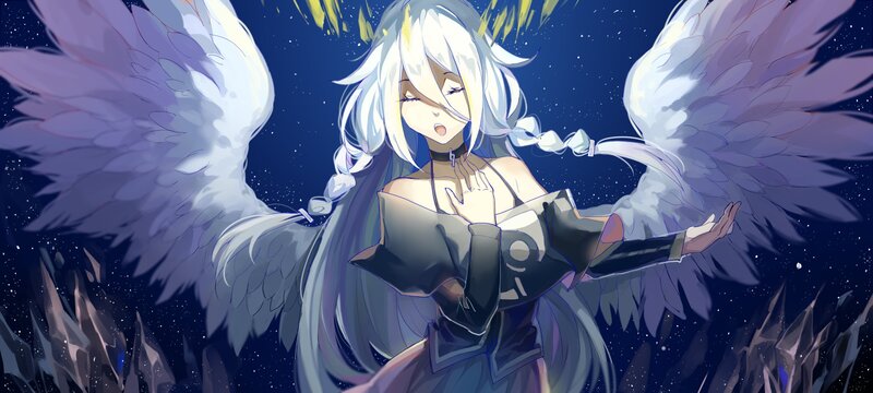 Anime Angel with Wings — Blue, Dramatic, Night, Digital Art
