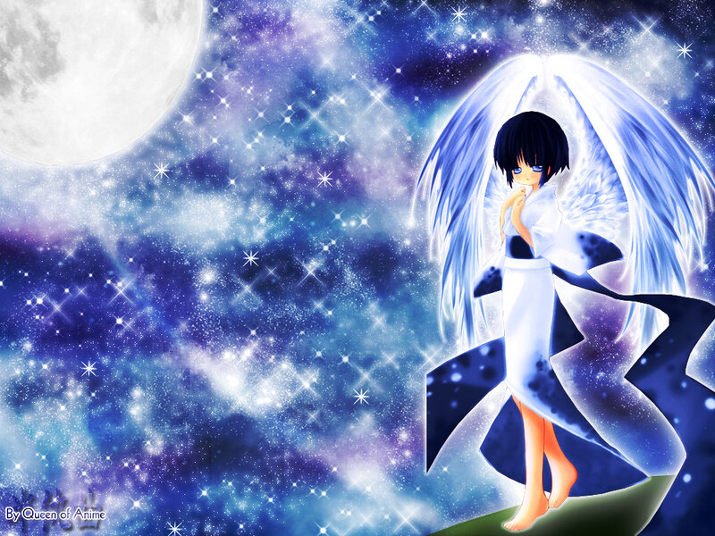 Anime Angel with Wings — Blue, Serene, Night