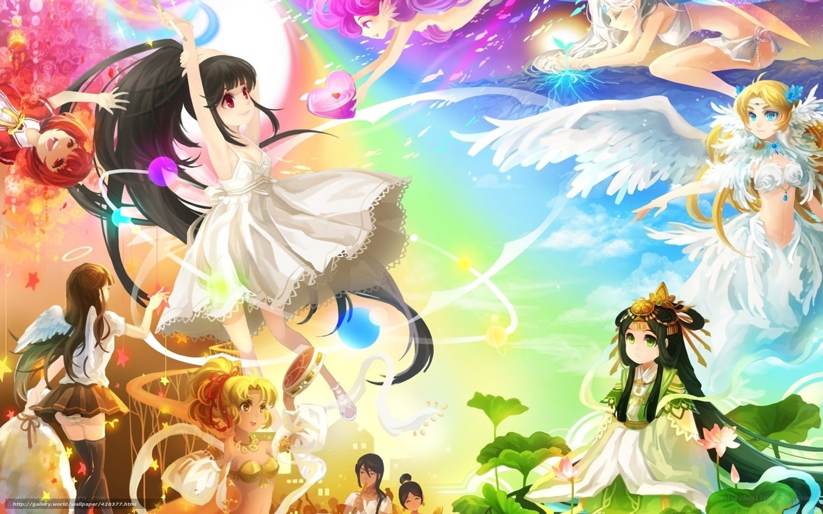Anime angels in a rainbow sky