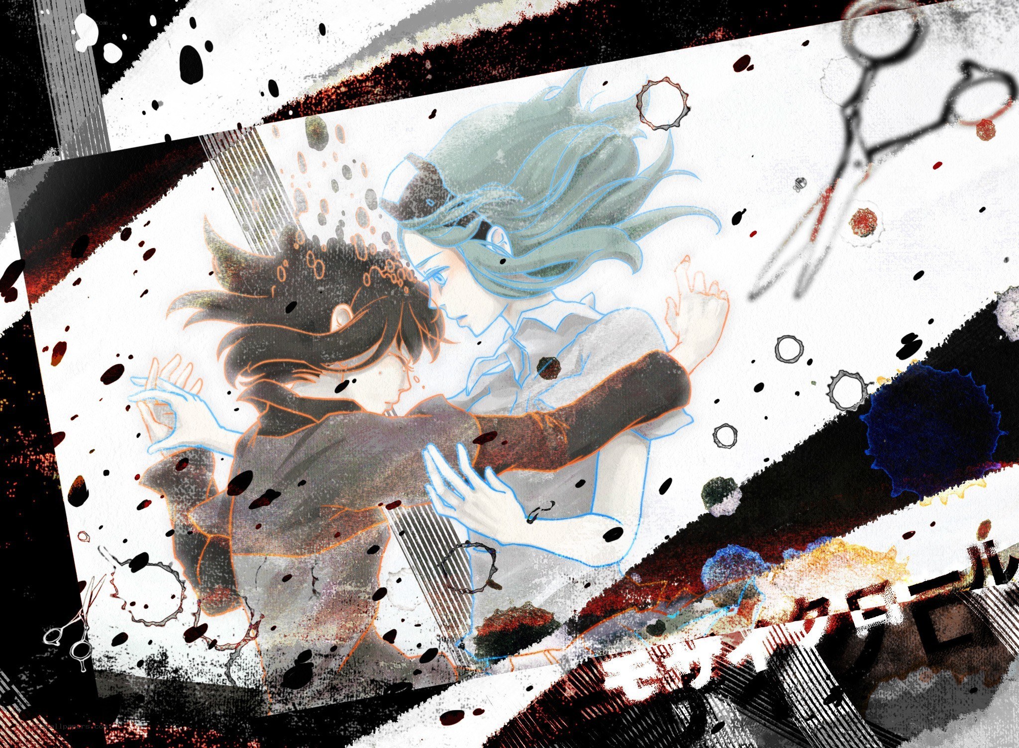 Anime art with scissors and splatters