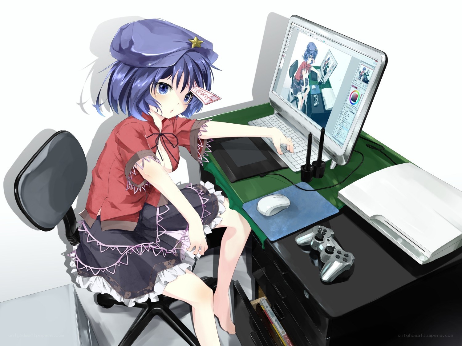 anime artist at computer desk
