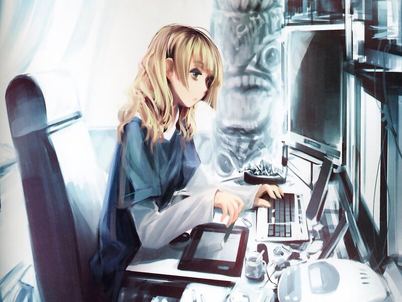 anime artist at computer