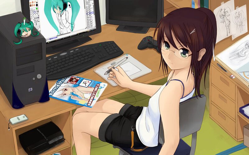 Anime Artist at Desk — Brown, Focused, Digital Art, Computer, Tablet