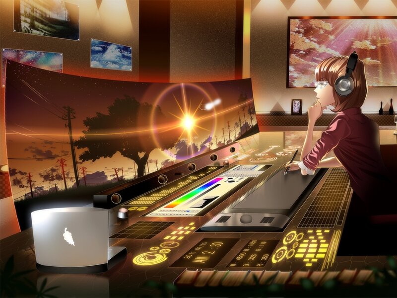 Anime Artist at Desk — Brown, Focused, Sunset