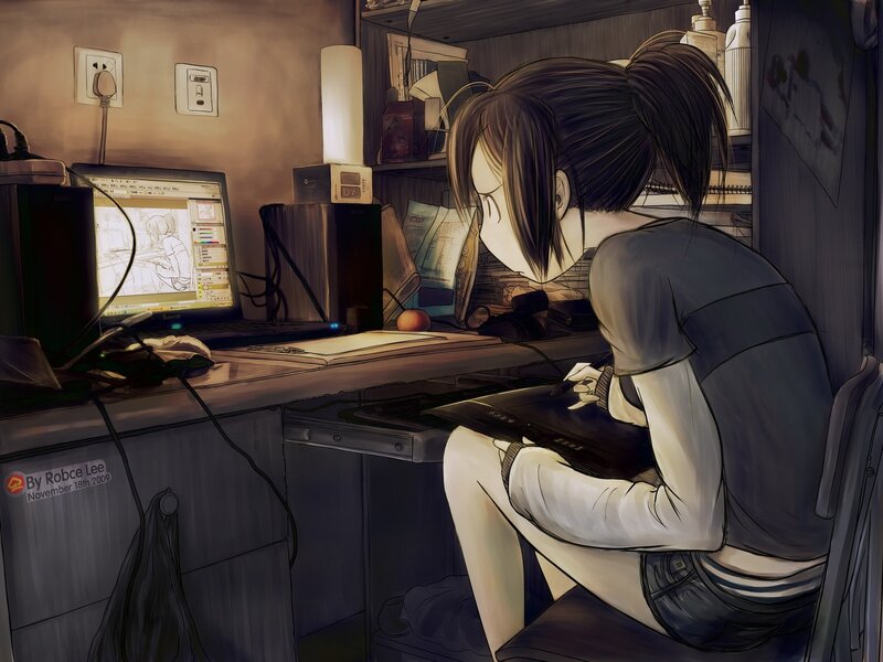 Anime Artist at Desk — Brown, Focused