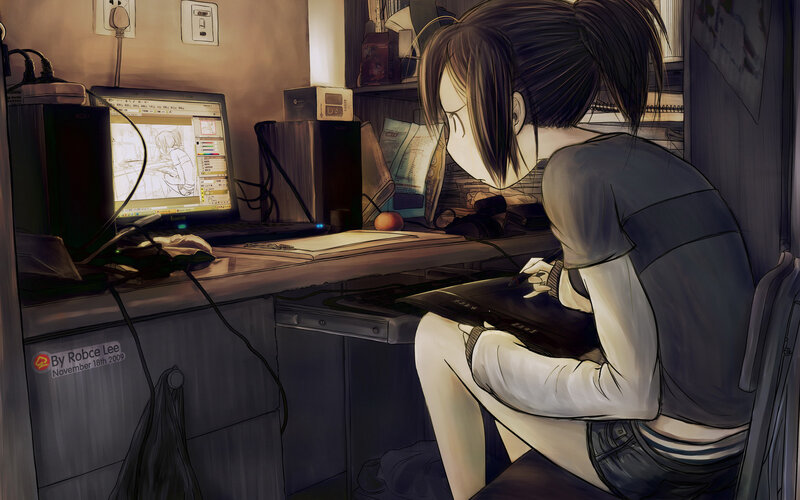 Anime Artist at Desk — Gray