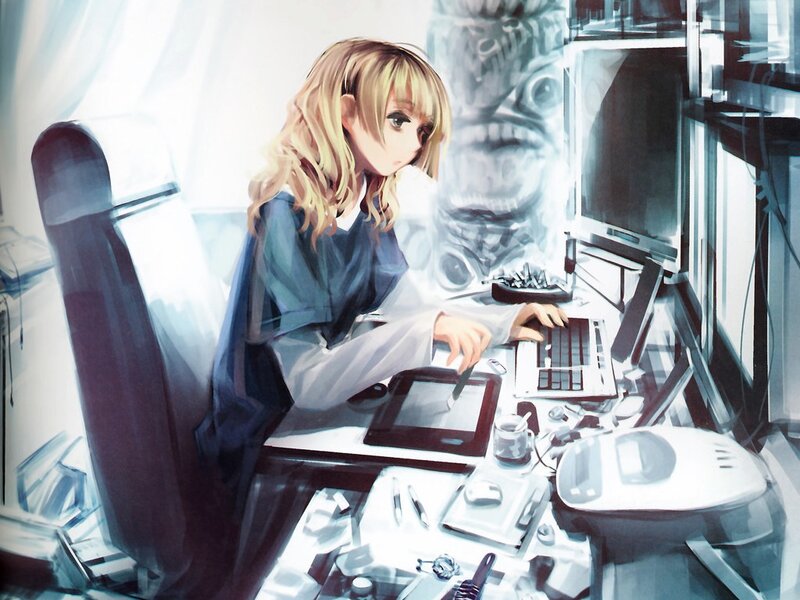 anime artist at digital desk