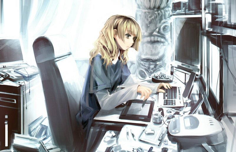 anime artist at her desk