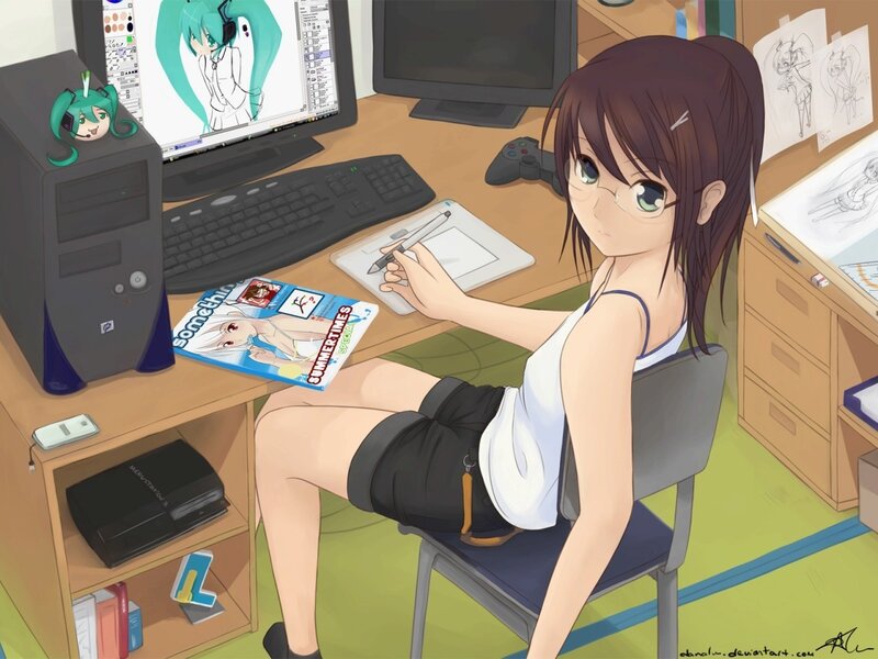anime artist at her desk
