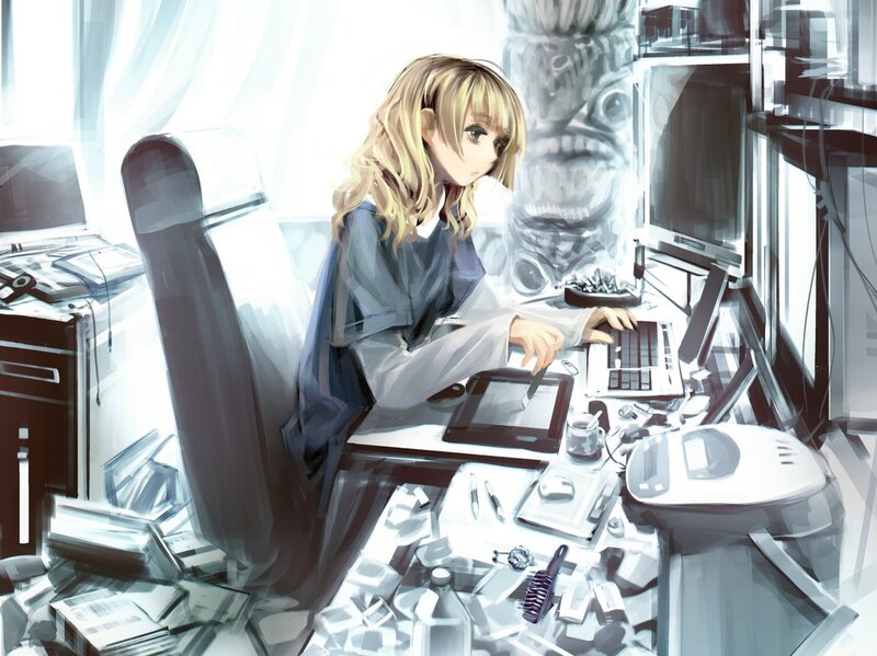 anime artist at her desk