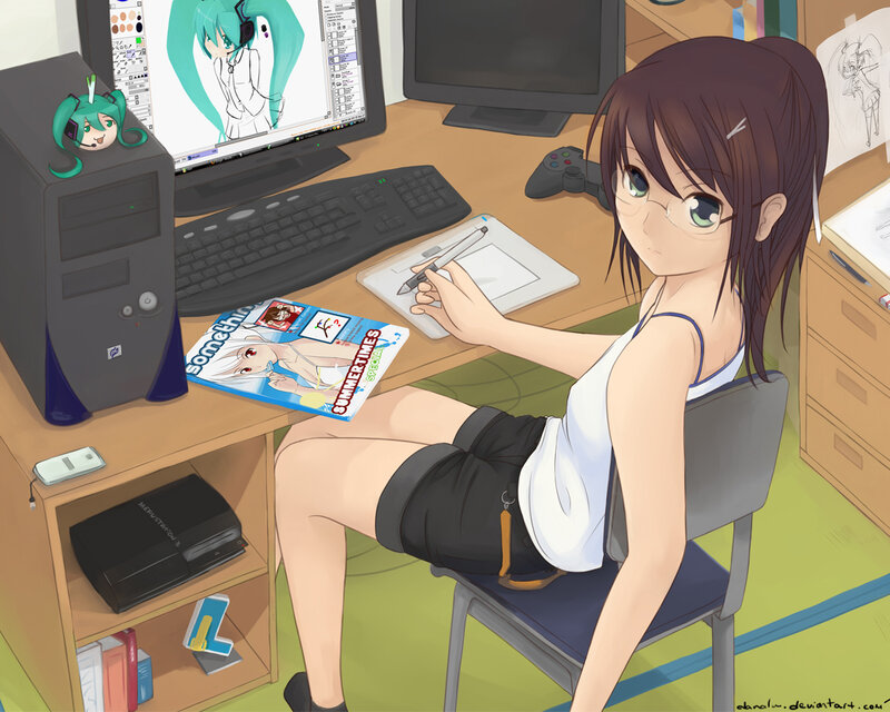 anime artist at her desk