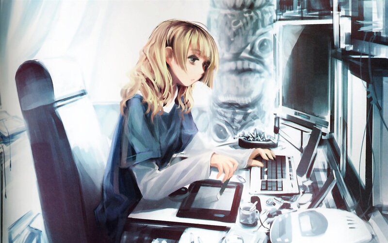 anime artist at her desk