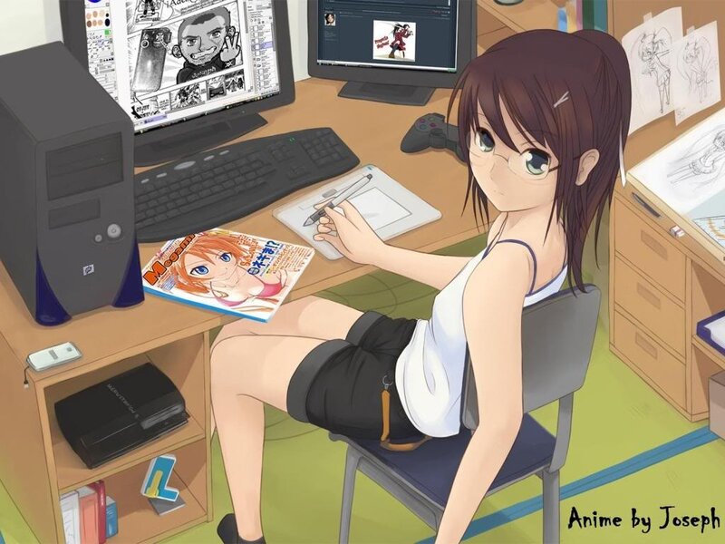 anime artist at her desk