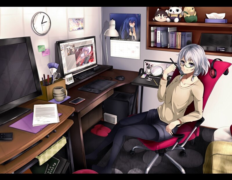 anime artist at her desk