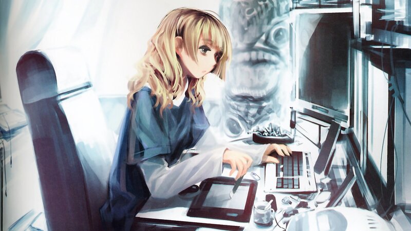anime artist at her desk