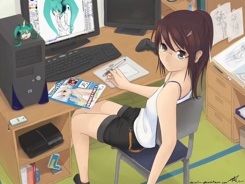 anime artist at her desk