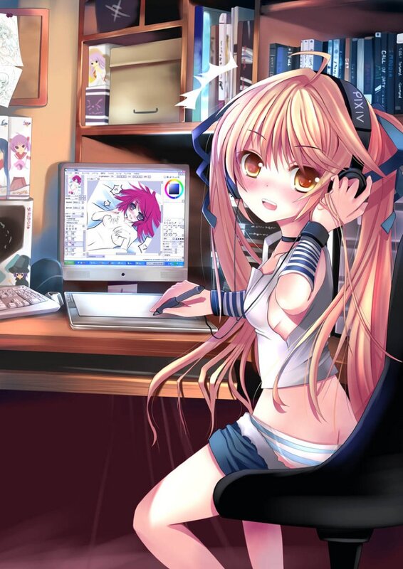 anime artist at her desk