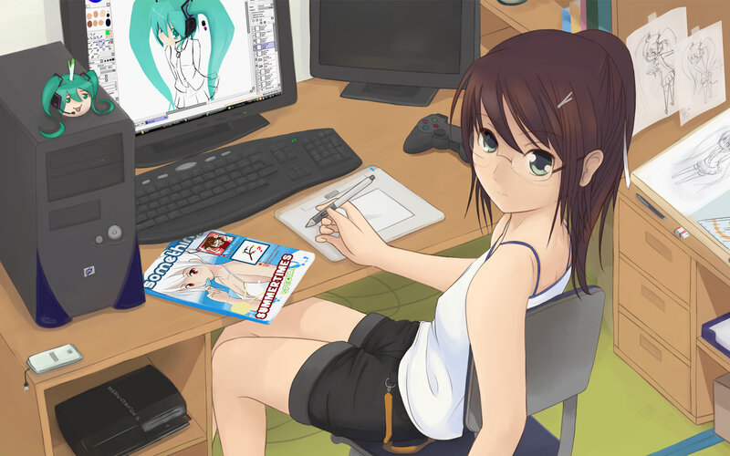 anime artist at her desk