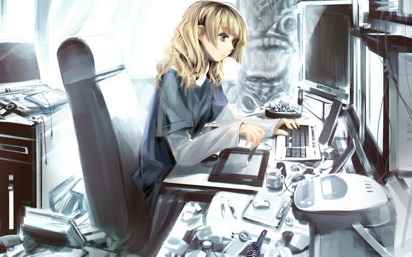 anime artist at workstation