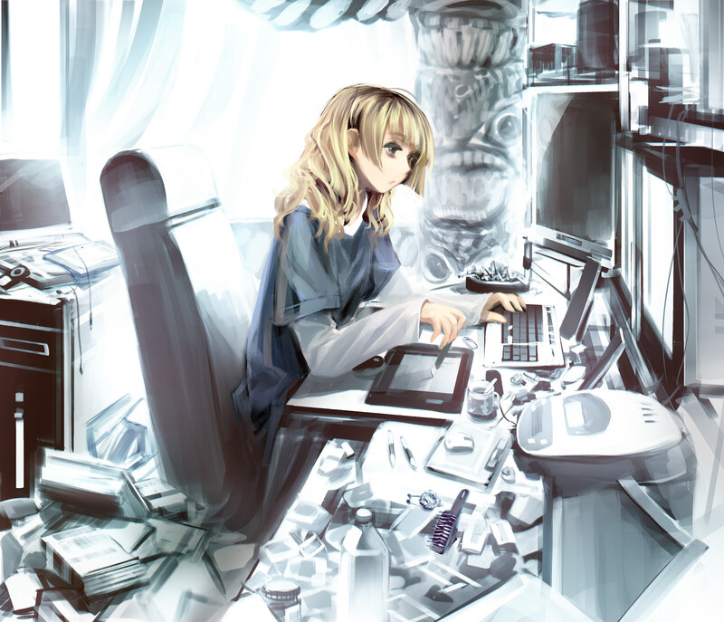anime artist at workstation