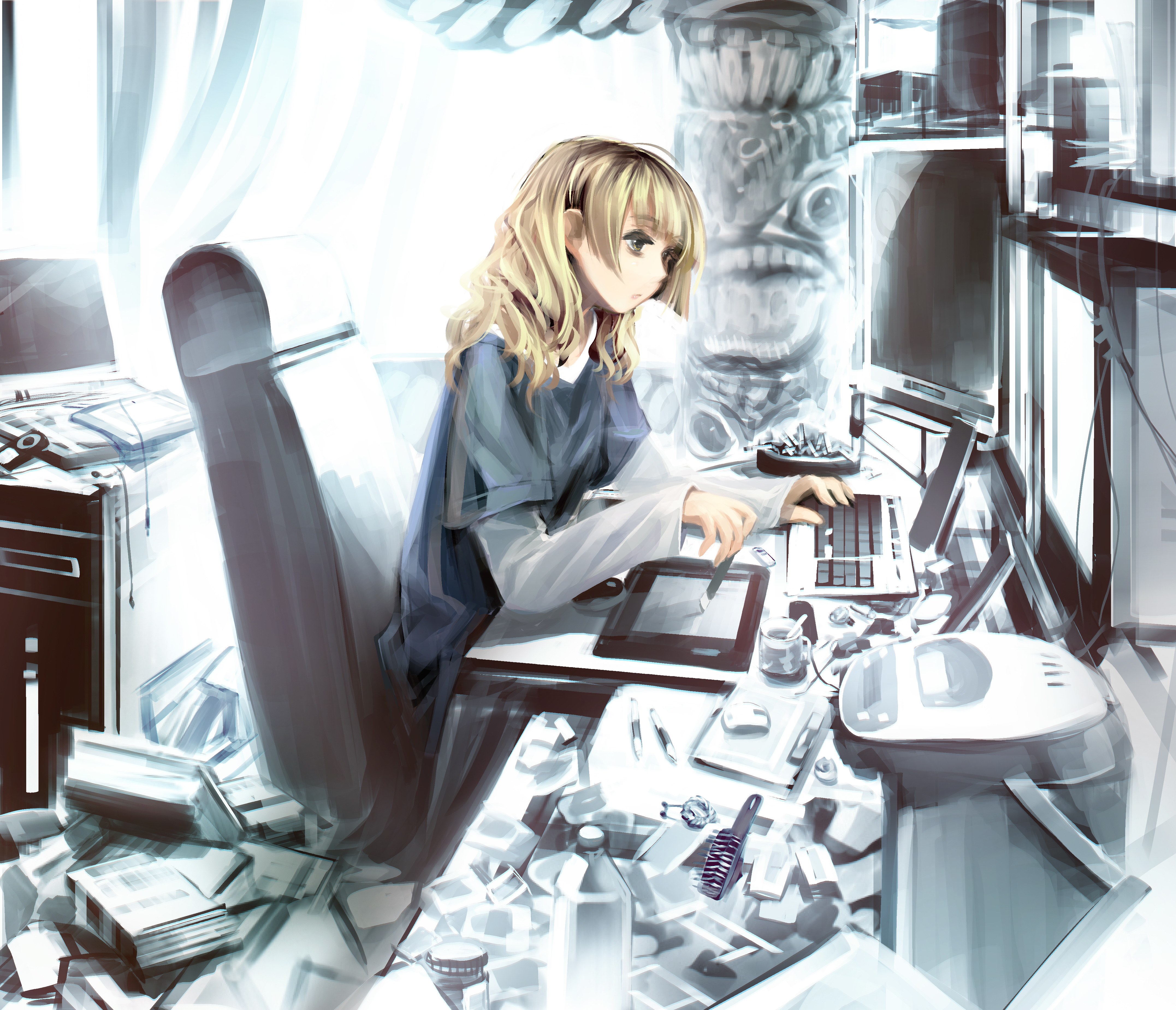 anime artist at workstation