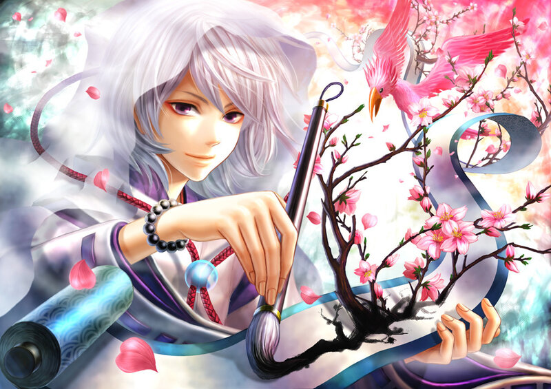 Anime artist with brush and cherry blossoms