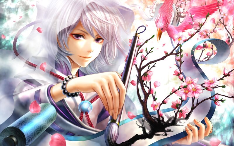 Anime artist with brush and cherry blossoms