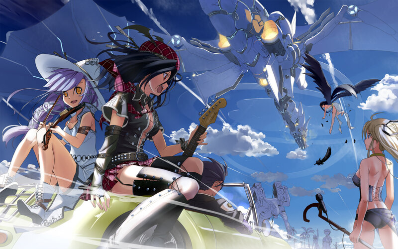 Anime band on a car with mechs