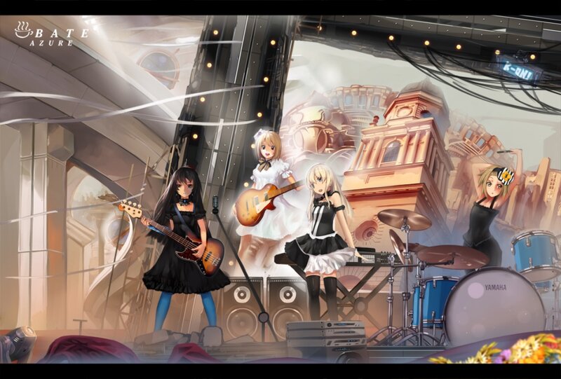 Anime Band Performing — Black, Dramatic, Digital Art, Guitar, Drums