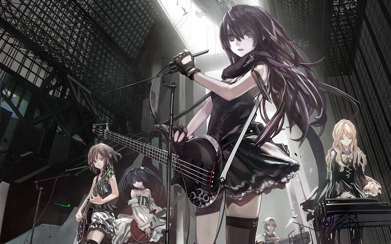 Anime Band Performing — Black, Dramatic, Digital Art, Guitar, Keyboard, Drums, Microphone